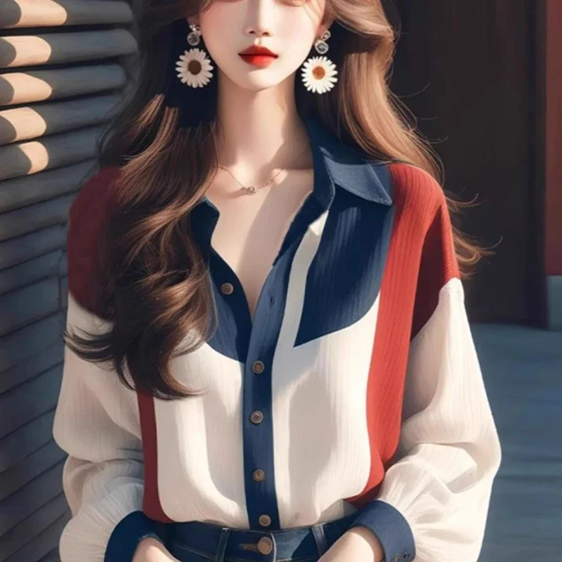 Vintage Women\'s Shirts Spring/summer New Patchwork Women Shirts Loose Long Sleeves Tops Fashion Korean Clothing Sales