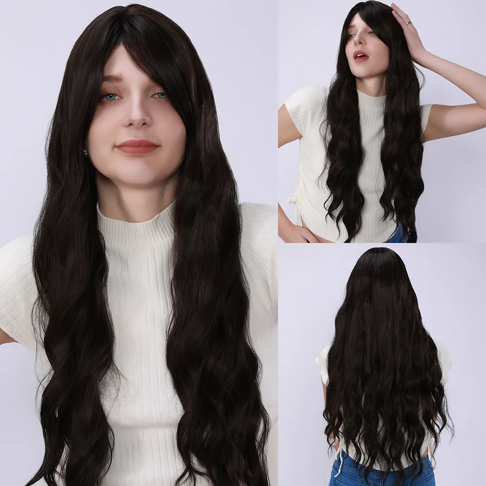 

Natural wig long curly hair 28inch black brown figure bangs wig full headgear