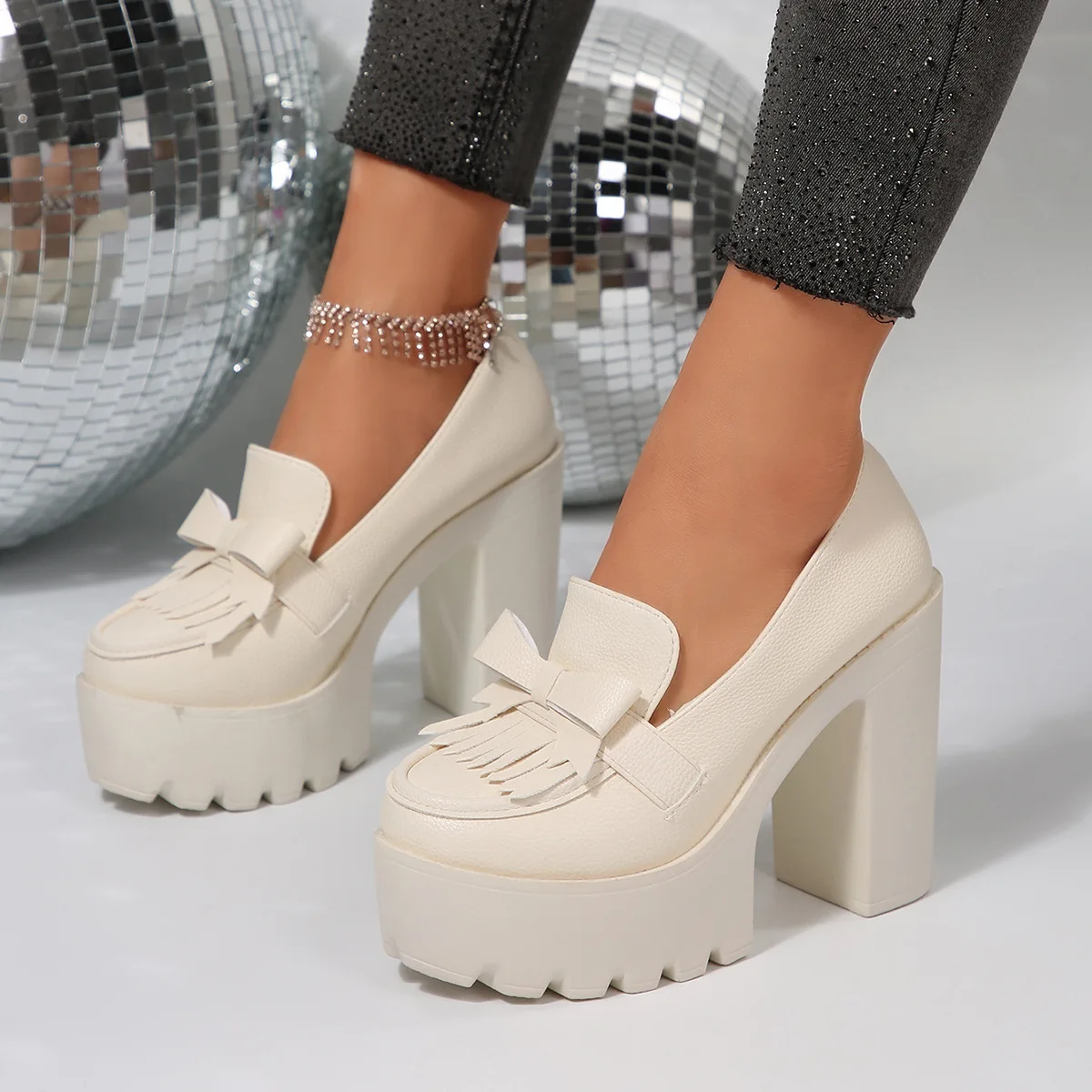 

Elegant Bow Fringe Sandals 2025, Chunky Heel Solid Color Dress Shoes for Women, Large Size Fashion High Heels for Party & Weddin