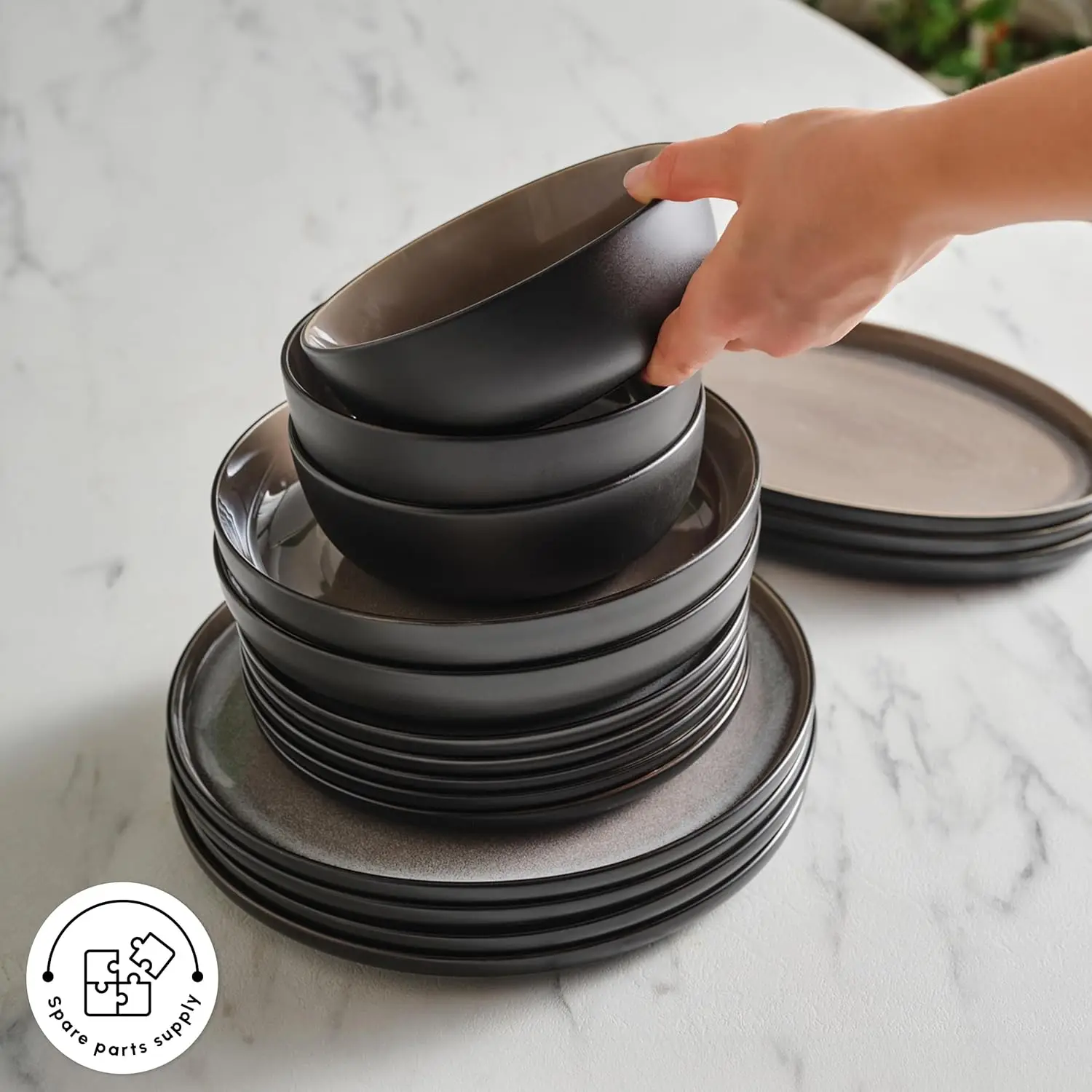 Conjunto de pratos e tigelas de grés Mercure de 59 peças, conjunto de jantar preto com esmalte reativo, coleção completa de talheres de cozinha, ideal D