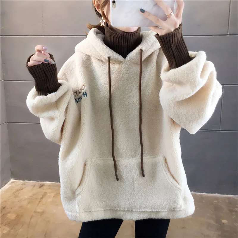 Casual Fake 2 Piece Pullover Hoodies Women Korean Autumn Winter Loose Long Sleeve Pocket  Hooded Sweatshirt Outerwear Pull Tops