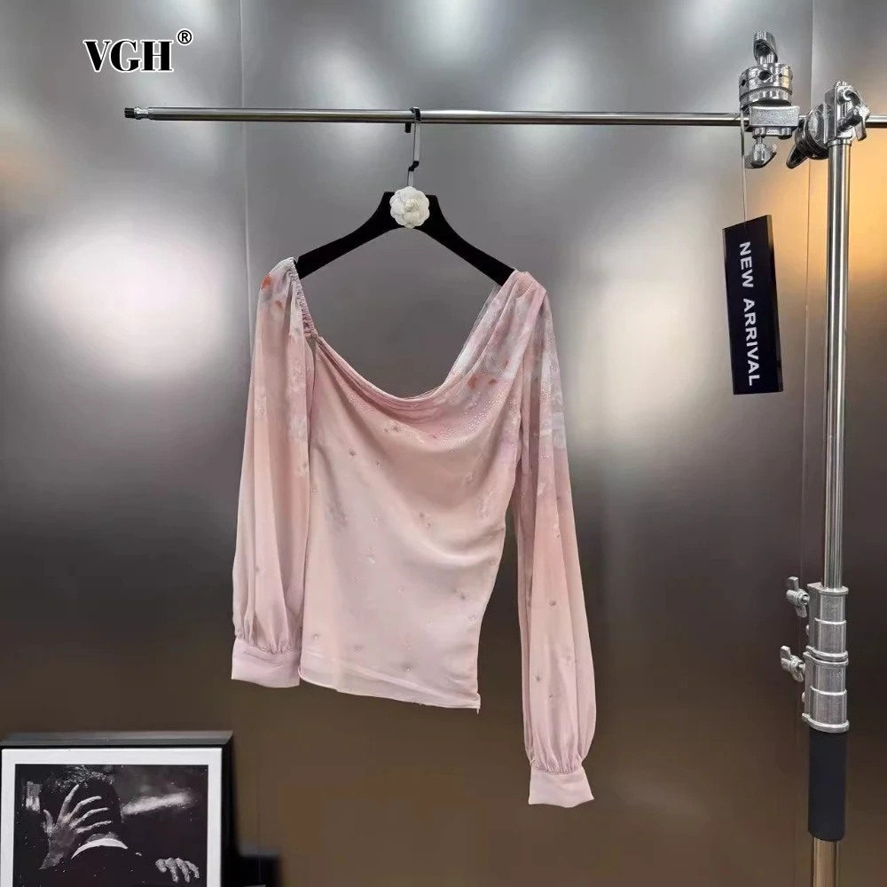 

VGH Floral Printing Patchwork Diamonds Slimming Blouse for Women Slash Neck Off One Shoulder Long Sleeve Shirts Female New Style