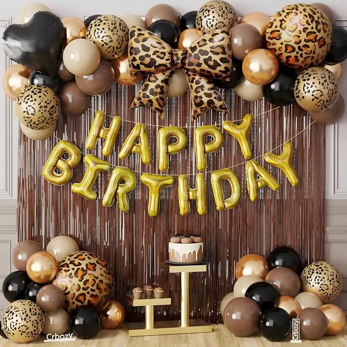Leopard Print Balloon Garland Kit with Bow & Happy Birthday Banner for Wild One Party Decoration Theme Party Balloon Decoration