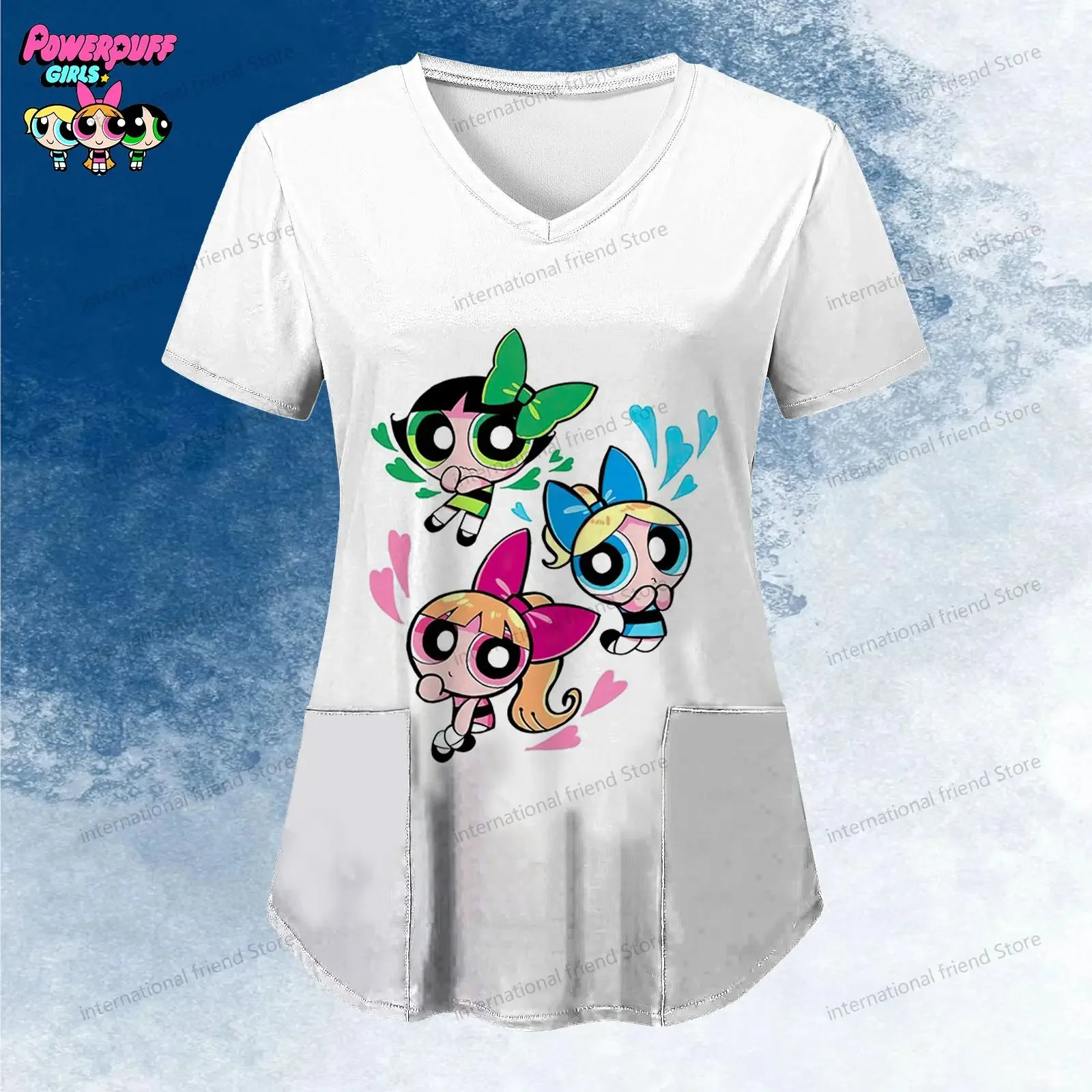 

Women's V Neck Nurse Uniform T-Shirt Pocket The Powerpuff Girls Woman Clothing Tshirts Dames 2024 Cheap Top New Dress Y2k Summer