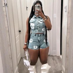 Summer Women Stretch Denim Outfits Sleeveless Tops and Shorts Slim Fit Print Fashion Streetwear 2 Two Piece Matching Sets