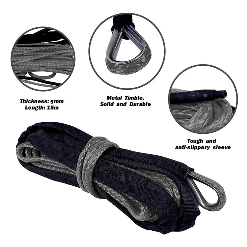 Synthetic Winch Rope, 15M 7700 Lbs Winch Line Cable Rope With Protective Sleeve Maintenance String For ATV UTV Off-Road