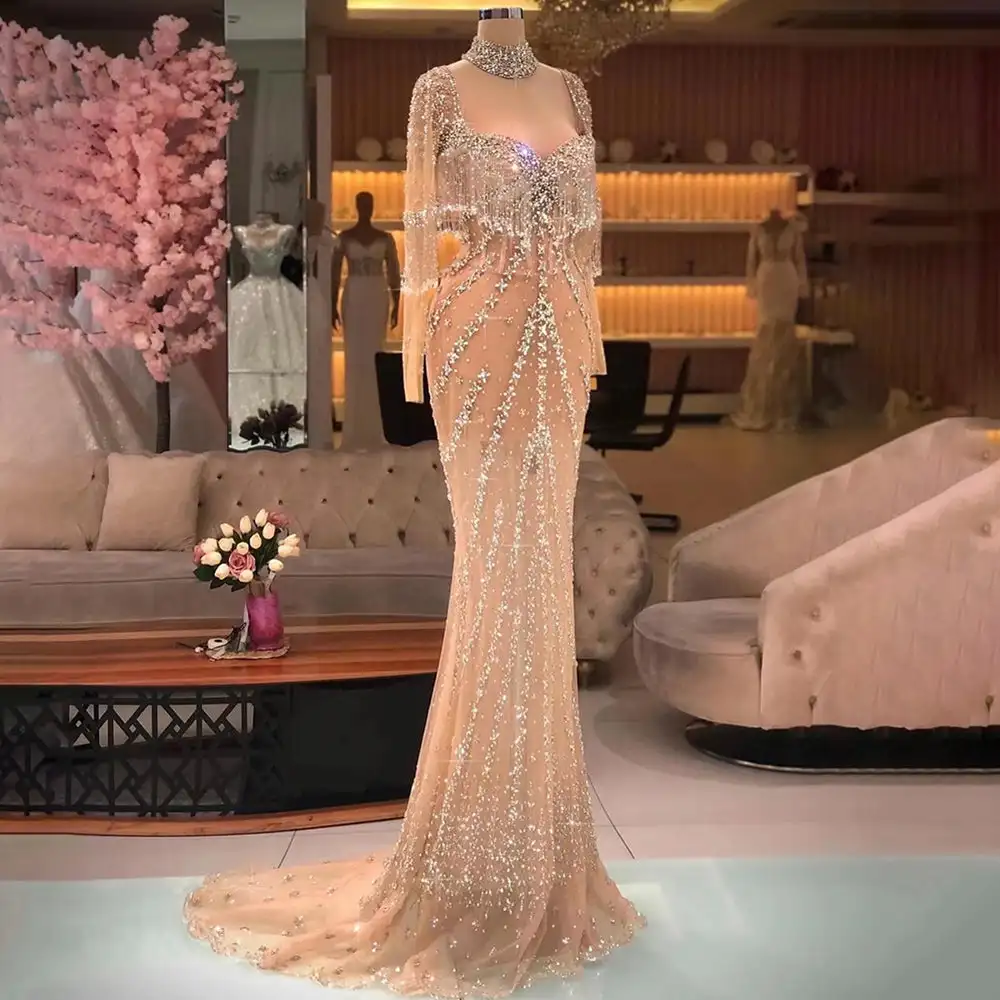 

Designer New Modern Long Mermaid Beaded Long Sleeve Ball Gown Elegant Tulle Zip Arabian Evening Gown فساتين سهره