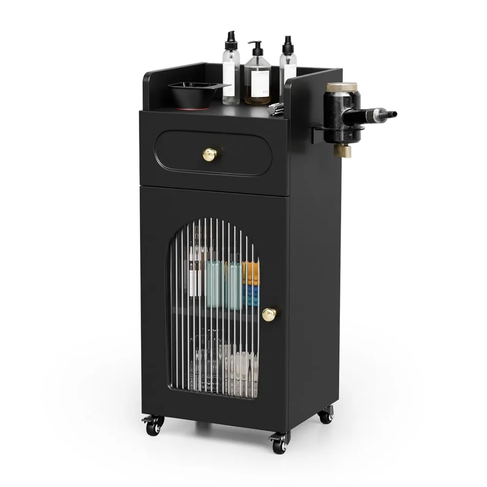 

Salon Cart with Wheels, 3-Tier Rolling Beauty Cart with Glass Door & Dryer Holder, Mobile Hair Styling Station, Customized