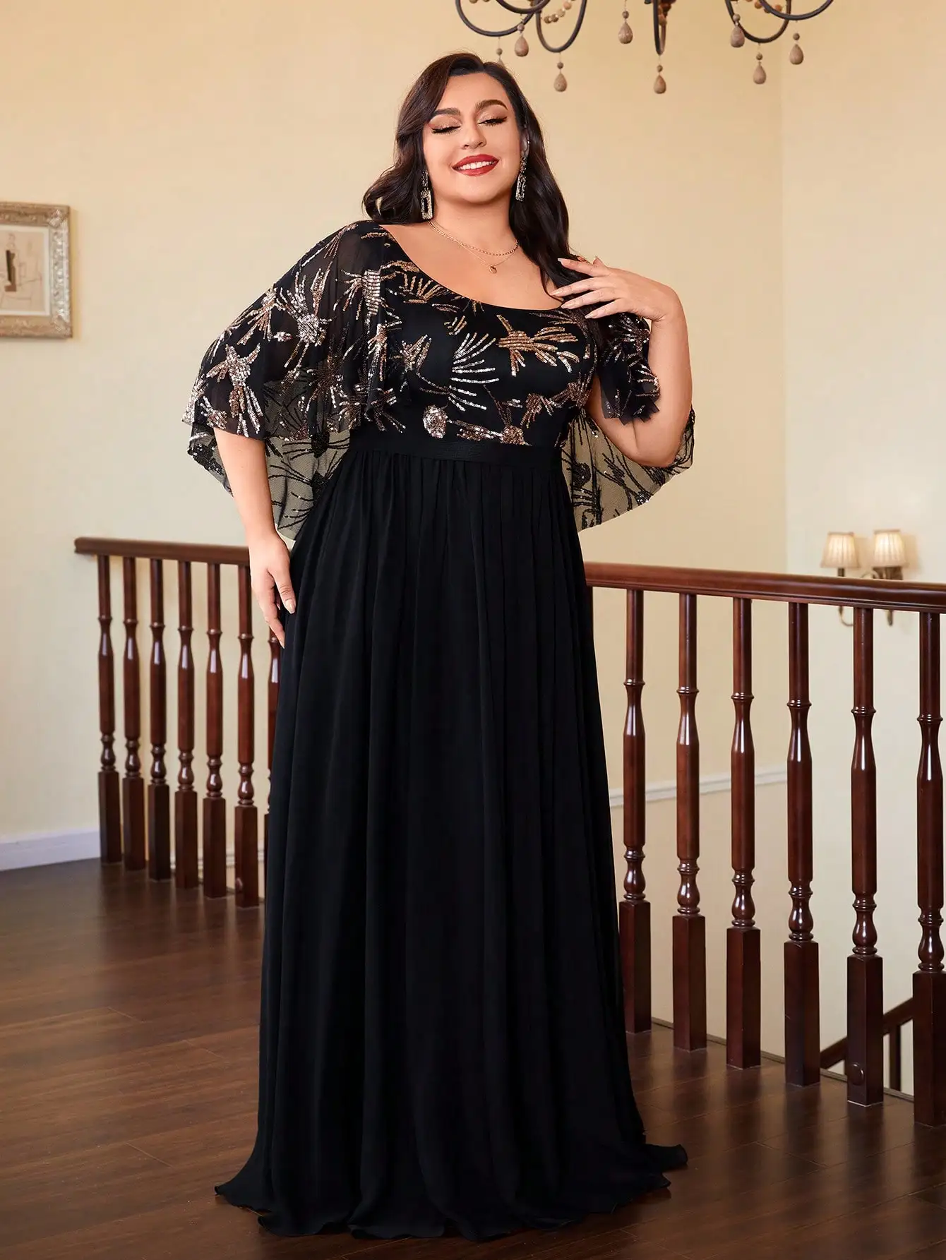 فستان Mgiacy طويل برقبة دائرية وترتر رائع وشالات وأكمام وحاشية شيفون كبيرة