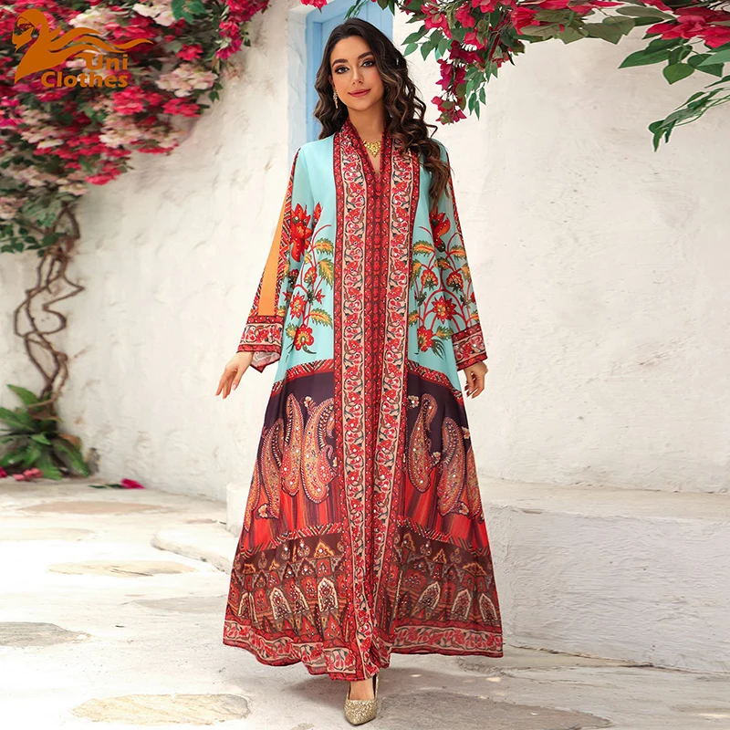 

UNI 2025 Summer New Fashion Printed Muslim Dress for Women Morocco Long Dress Kaftan Dubai Abaya Eid Ramadan Robe Jalabiya
