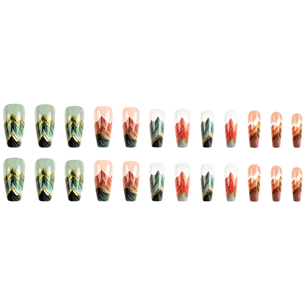 24개입 산수화 잉크 워시 프레스온 네일, 갈색-빨강 & 녹색 산봉우리, 골드 글리터, 롱 코핀 쉐입, 다양한 사이즈