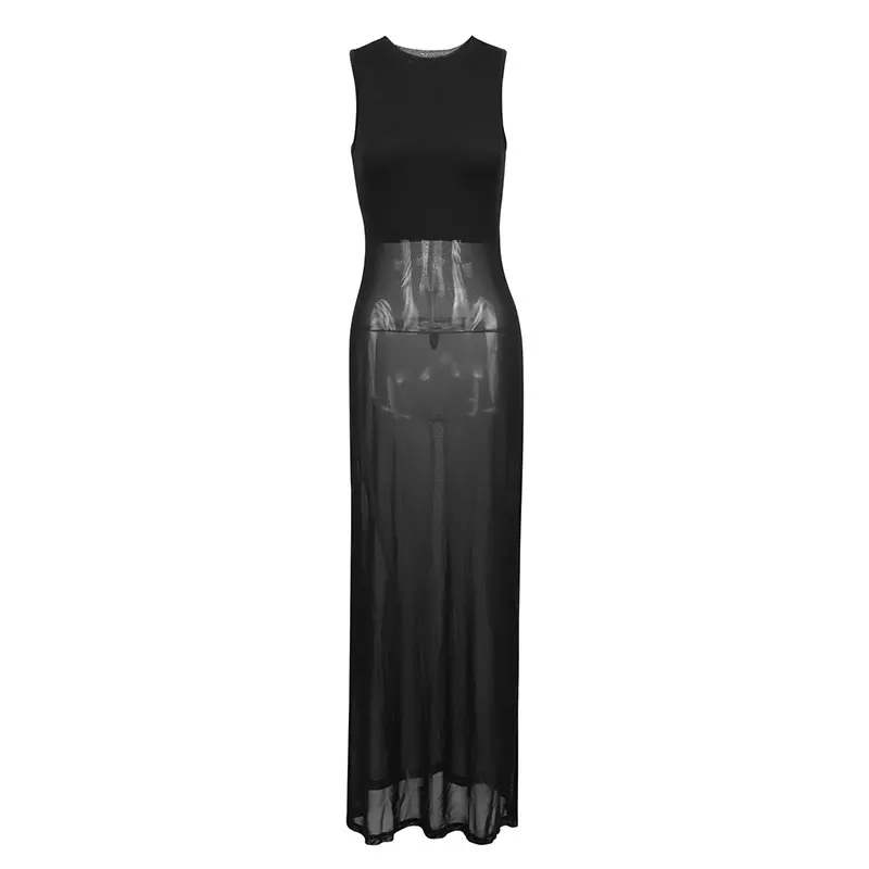 Nouvelles robes d'été pour femmes, sans manches, transparentes, élégantes, noires, Sexy, Maxi, mode, col rond, décontractées, Slim, vêtements