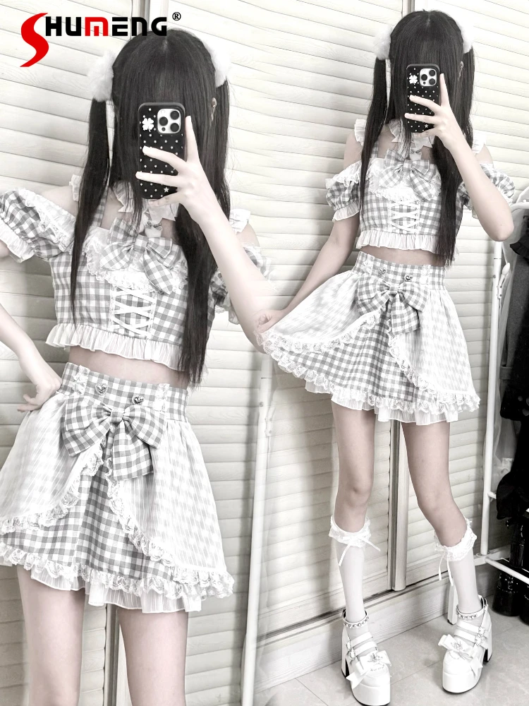 

Оригинальный японский стиль Mines Mass-Produced Kawaii 2D комплекты с пышными рукавами и бантом укороченный топ с высокой талией клетчатая юбка комплект из двух предметов для женщин