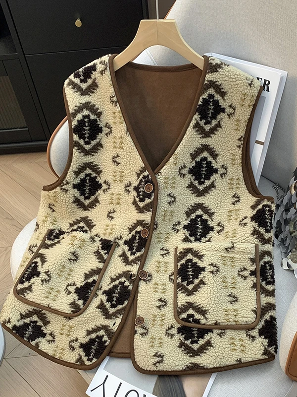 Retro Embroidered Lamb Fur Vest Women's Autumn Winter Layering V-Neck Open Cardigan Shoulder Warmth Top Button Decorated Oute...