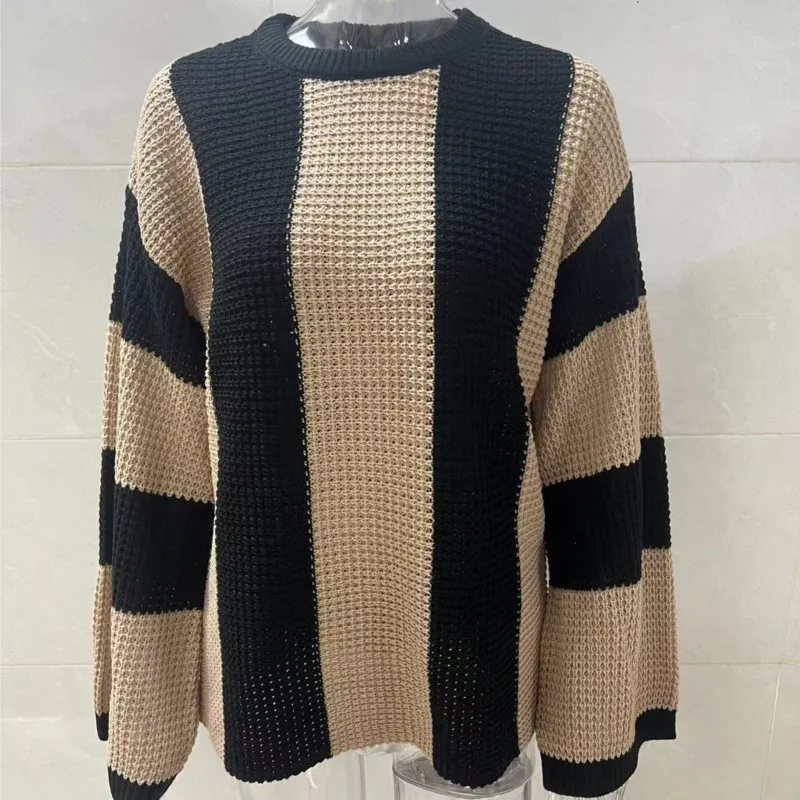 New Knitted Sweater Women Tops Round Neck Striped Contrasting Colors Design Goth Sweater Jacket For Women\'s Clothing Outerwears