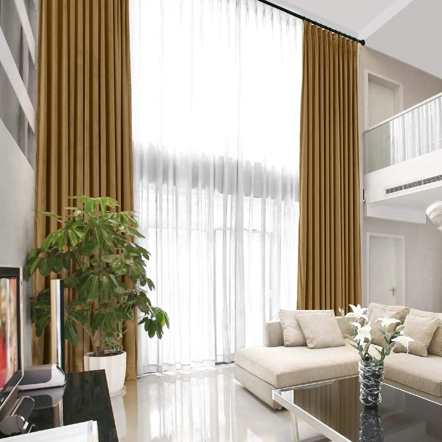 TWOPAGES Thermal Insulated Indoor Velvet Curtain for Dining Room, Heavyweight Blackout Pinch Pleat Living Room Curtain Extra Lon
