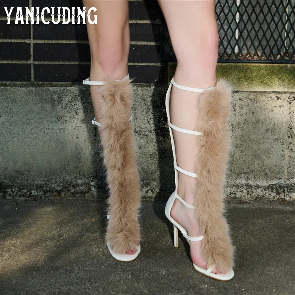 فو الفراء قفص صندل الأحذية المصارع نمط المفتوحة اللوز تو الخناجر رمح مع خمسة قابل للتعديل التوى الأشرطة الصيف الصنادل #3