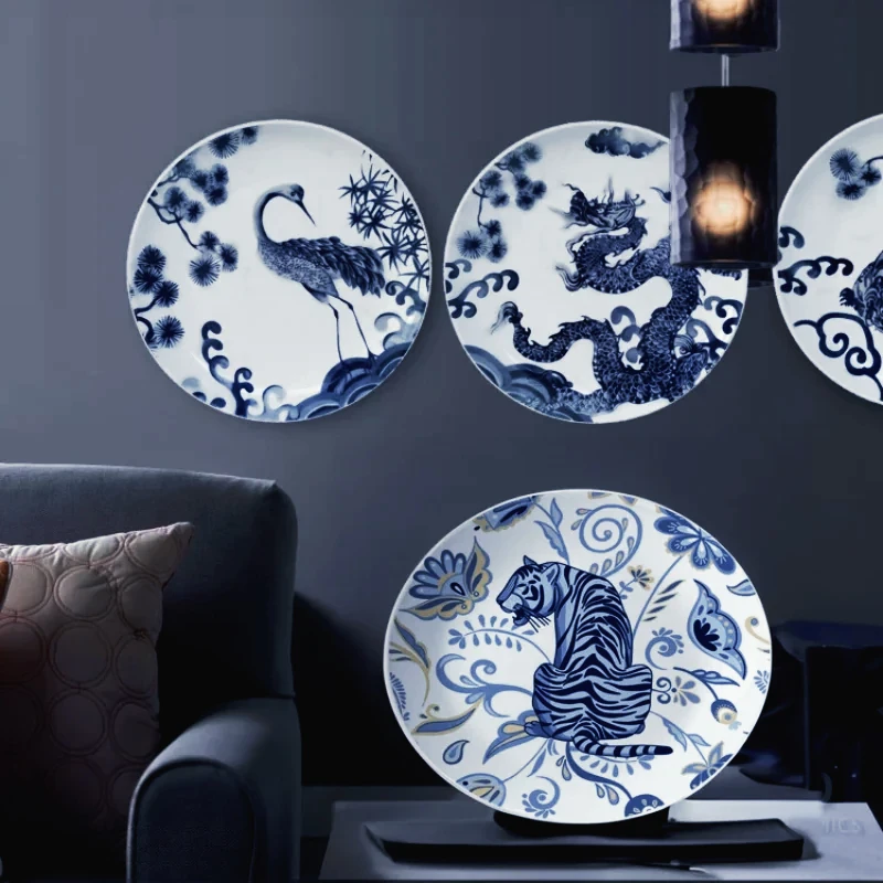 

Chinese Painted Auspicious Animals Dessert Plates Vintage Blue and White Underglaze Ceramic Dinner Plate Afternoon Tea