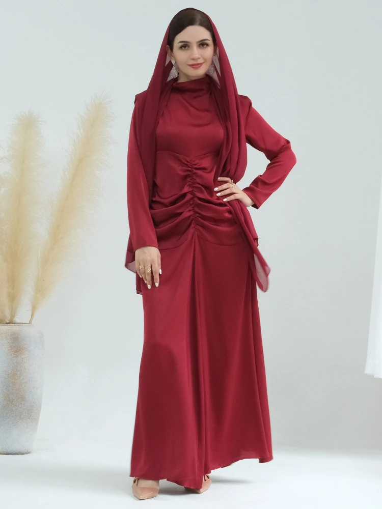 

Satin Abaya Muslim Dresses for Women Dubai Pleated High Collar Modest Evening Party Long Dress Islam Clothing Kaftan Hijab Robe