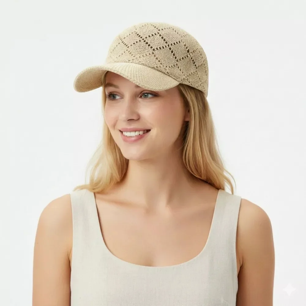Lady's Summer Holovov Knitted Sun Hat, A Breathable Mesh Baseball Cap, Suitable for Wearing During Golfing Activities.