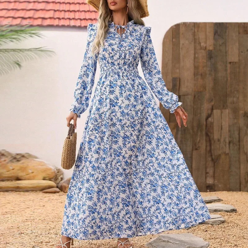 

Spring Dresses for Women Long Sleeve V-Neck Women Dress Fashion Blue Flowers Print Dress Women Vestidos De Verano Mujer 2025 Q49