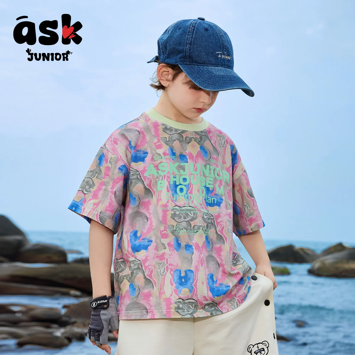 

Children's Summer Short-sleeved Boys and Older Boys Contrasting Color Tie-dye Letter Print Short-sleeved T-shirt