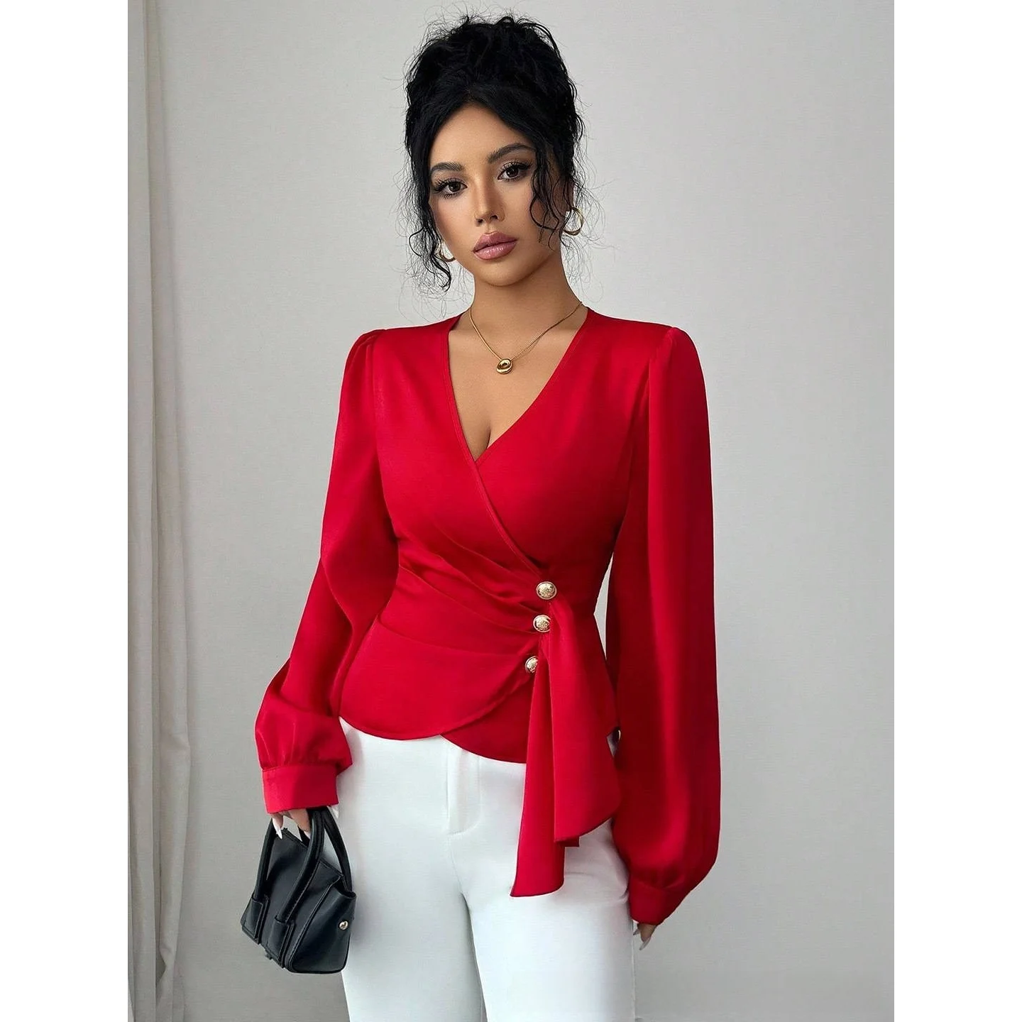 

Elegant V-Neck Long Sleeve Women's T-Shirt Spring Autumn Fashion Folded Hemline Ladylike Style Comfortable Fit Silk Top