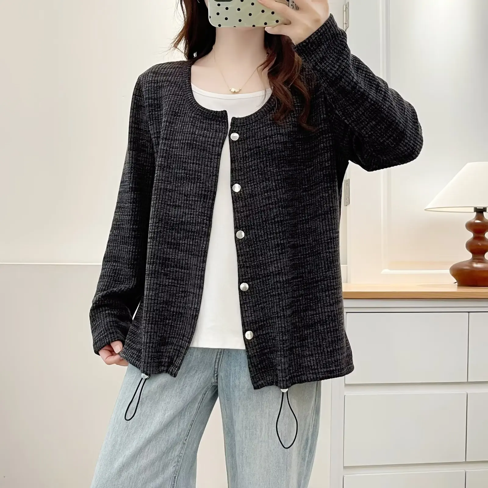 XXXXL موضة حجم كبير البلوزات النسائية الرجعية وهمية قطعتين محبوك جديد الخريف عادية كم طويل لاعبا 2562