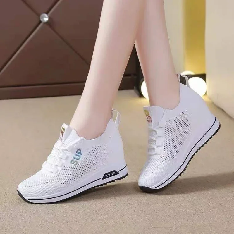 Women\'s Shoes Summer Hidden Heel Wedges White Pink Sneakers Female Platform Breathable Mesh Black High Heel Casual Shoes 2023