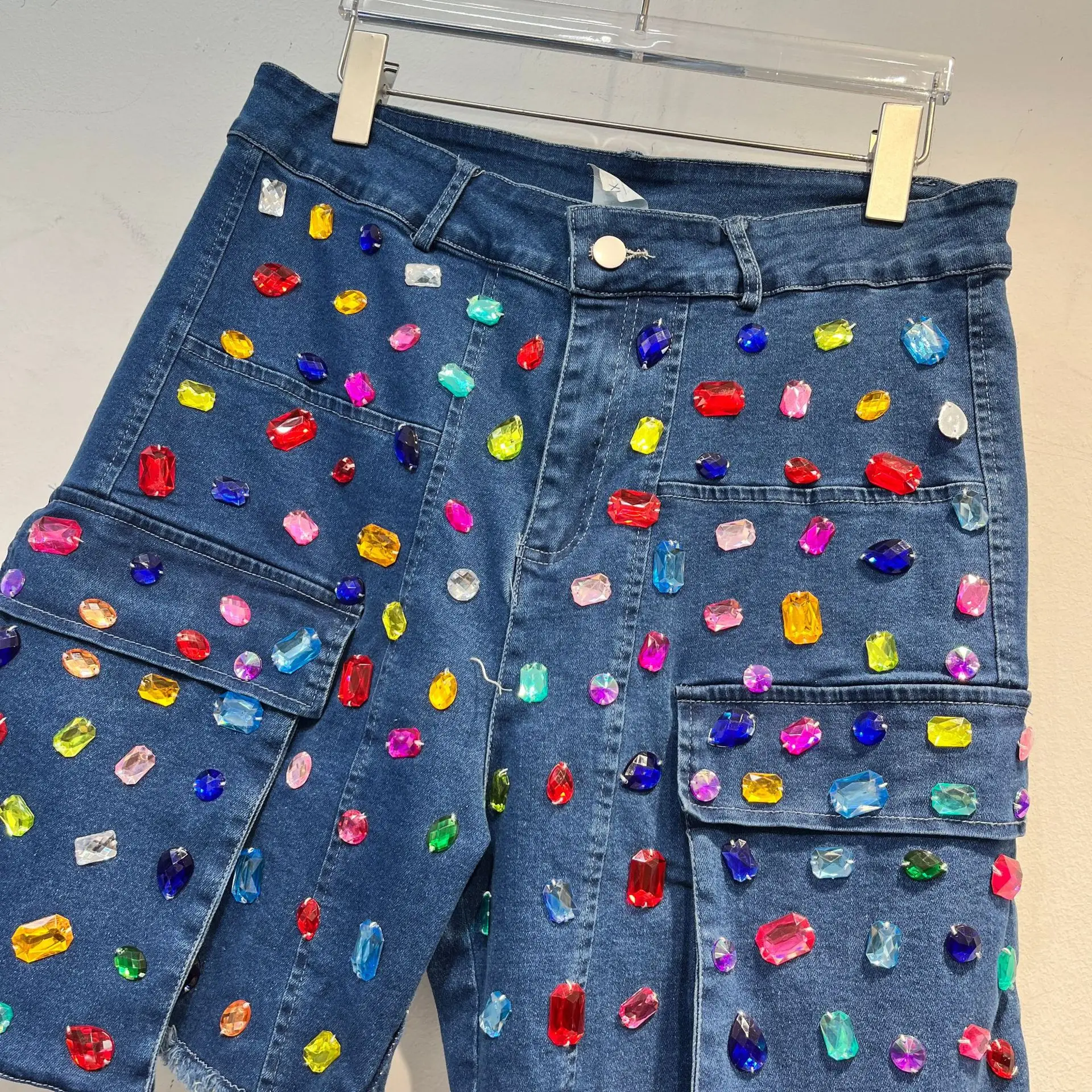 Design Sense Heavy Industry Color Diamond Denim Shorts Women's Summer New High Waist Loose Wide Leg Booty Shorts