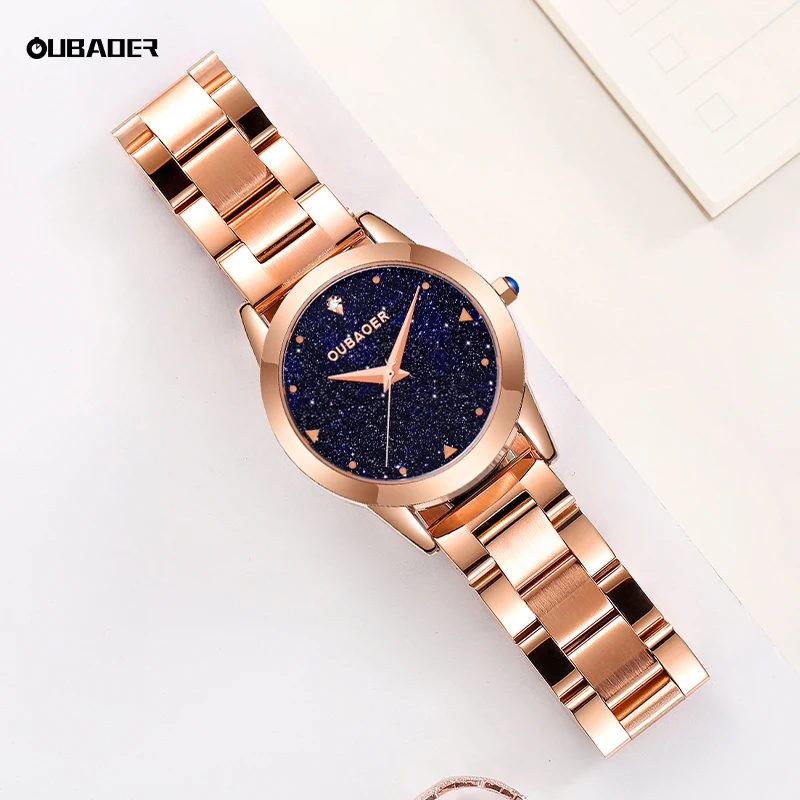 OUBAOER Romantic Women Wristwatch Natural Blue Sandstone Dial Polished Steel Band Lens Meters Waterproof Fashion Dress Clock