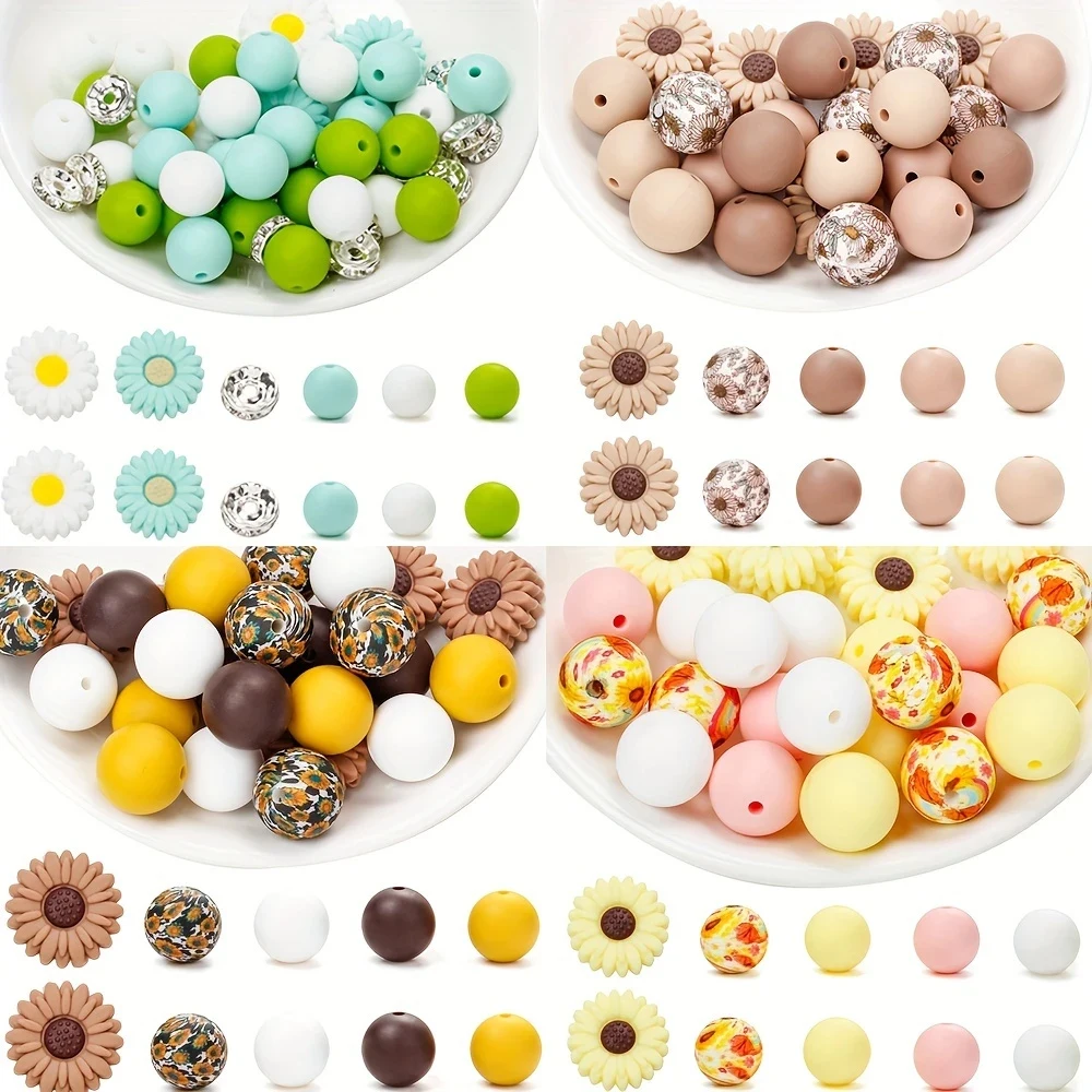 25/54-teiliges Gänseblümchen-Silikonperlen-Set, perfekt für DIY-Handarbeiten wie Schlüsselanhänger, Halsketten, Armbänder usw. – Detail 1