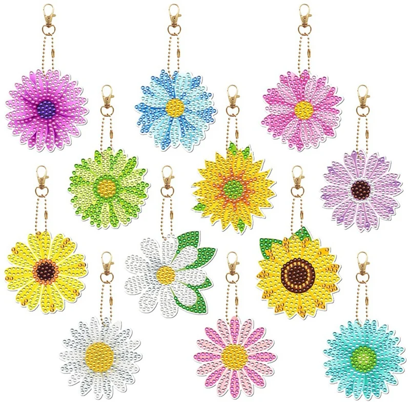 

12 Pcs Double Sided Flower Painting Keyring Pendants 5D DIY Full Drill Diamond Art