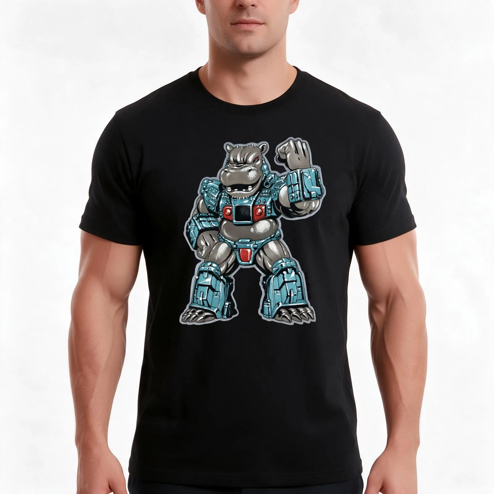 Warrior Hippo T-Shirt, Summer Casual Cotton Tee, Oversized Streetwear Tops, Vintage Graphic Print, Loose Fit Short Sleeve