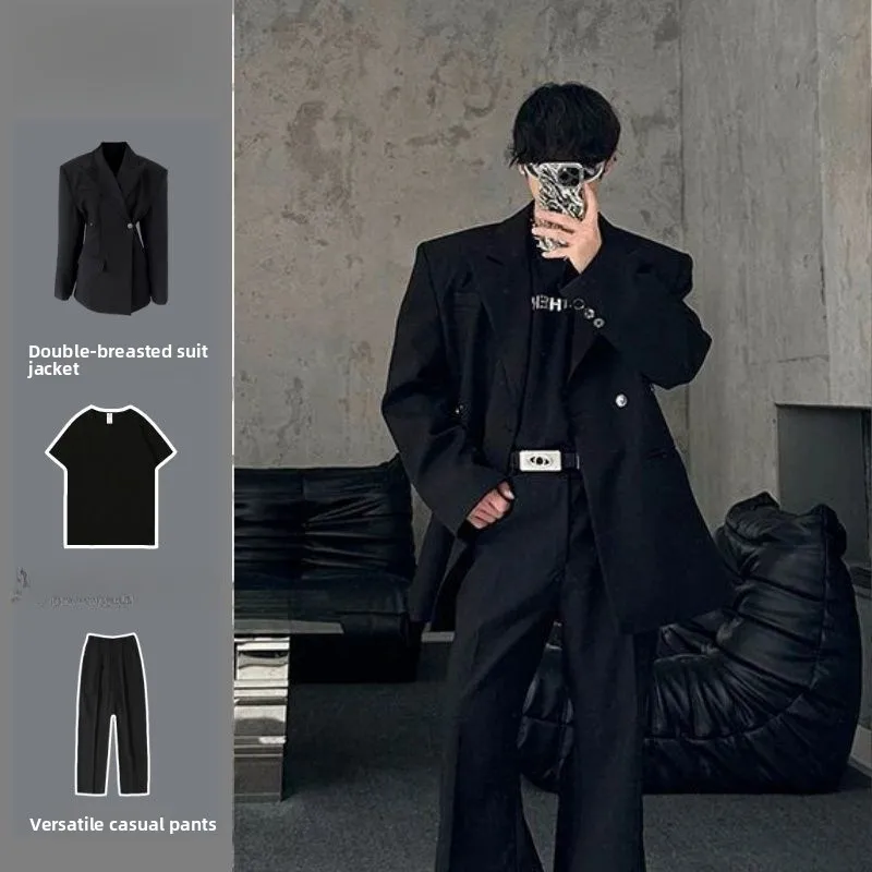

2025 New Black Tailored Casual Shoulder Pad Men's Suit Jacket Slim Fit Waist Cinched Trendy Autumn Polyester Blend Fashion