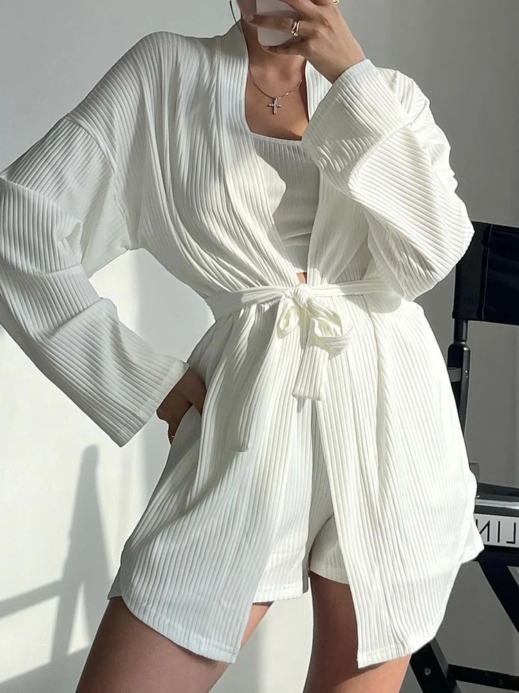 Linad Knitted Ribbed 3 Piece Sets Pajamas For Women Casual Long Sleeve Sleepwear Female Crop Top Loose Summer Suits With Shorts