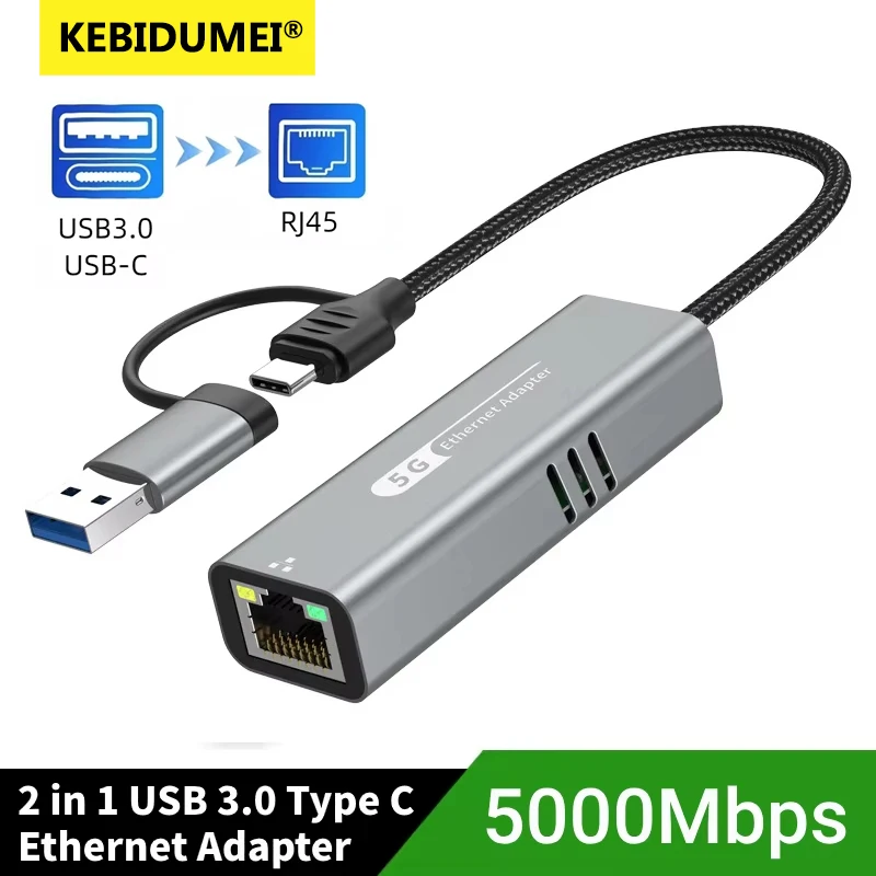 5Gbps USB 3.2 Type C Ethernet Adapter RJ45 Network Card for Windows 11 PC/Laptop USB-C RTL8157 Chip Converter Lan Internet Cable