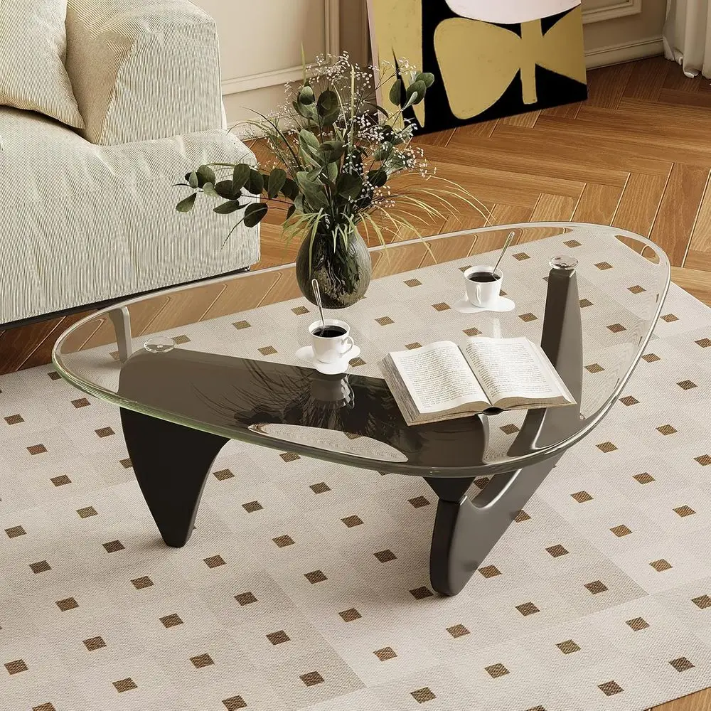 Mid-Century Modern Living Room Coffee Table with Clear Glass Top, Sleek Black Frame