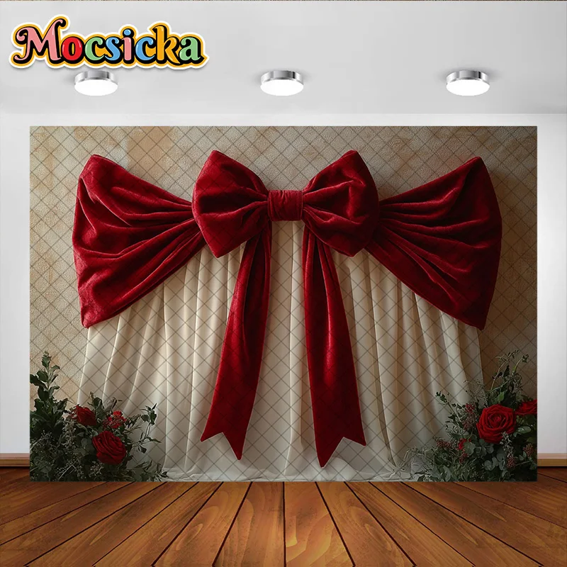 Mocsicka التصوير خلفية الشريط الأحمر القوس الحلو الفتيات حفلة عيد ميلاد استحمام الطفل خلفية لوازم الديكور استوديو الدعائم