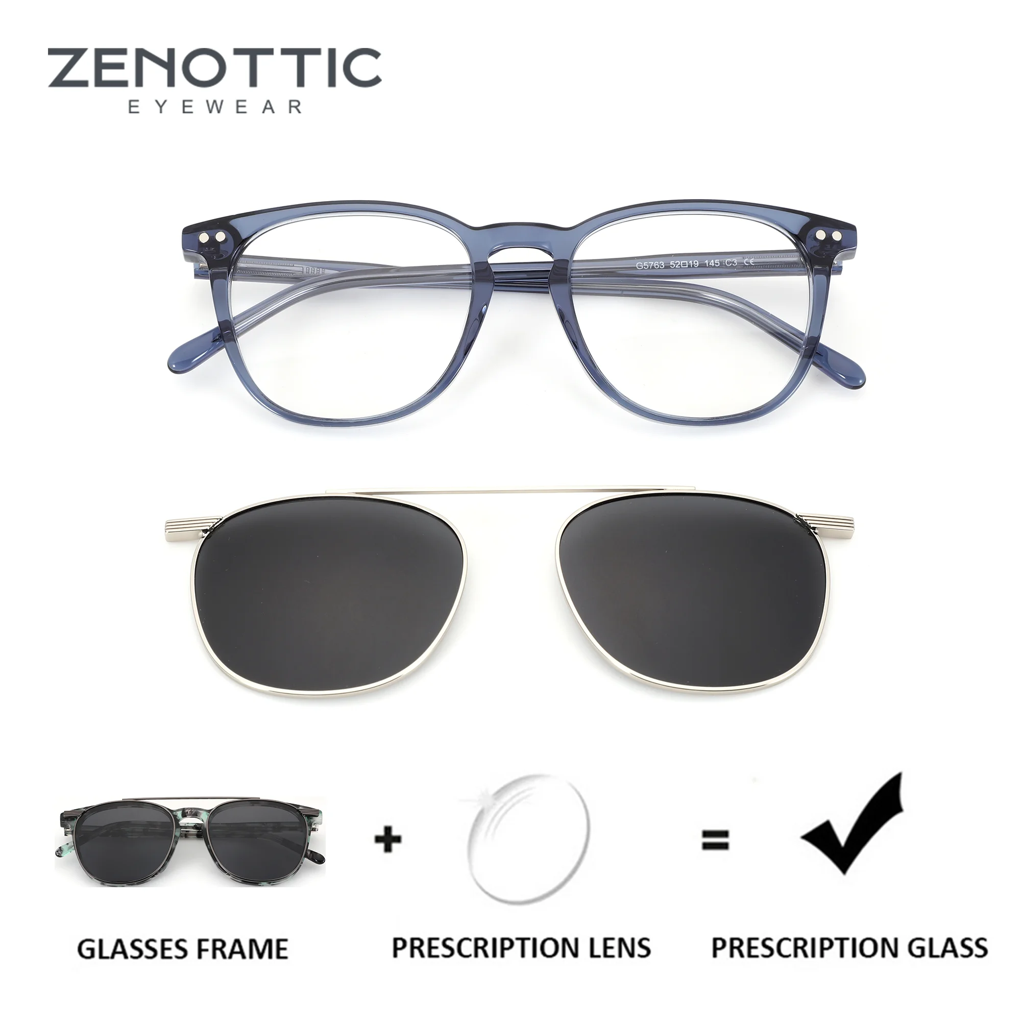 ZENOTTIC – lunettes de prescription carrées en acétate avec clip magnétique, verres médicaux pour myopie UV400, pour hommes, lunettes photochromiques