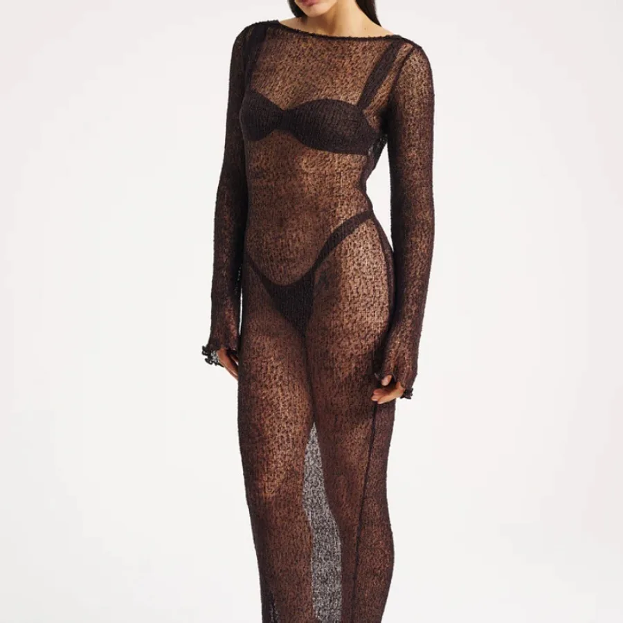 

【New style】Sexy slimming beach dress nightclub hollow outer long sleeve knitted dress blouse women