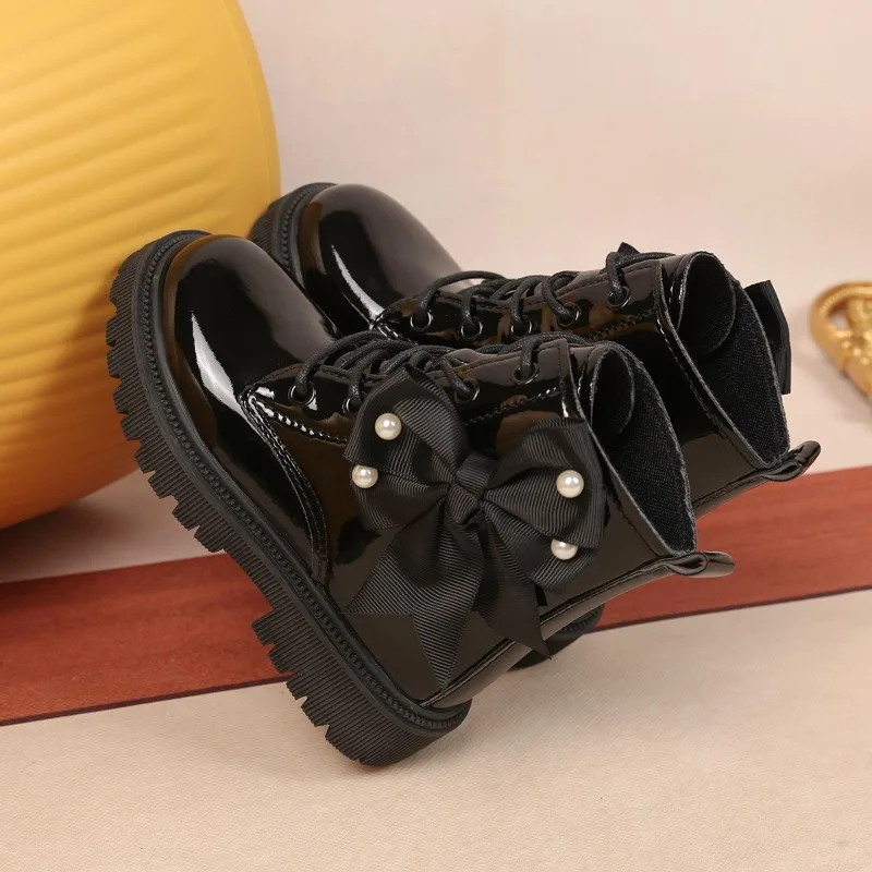 Children Short Boots with Big Bows Sweet Girls Princess Boots Black Glossy 2025 New Fashion Kids Leather Boots Soft Bottom Trend