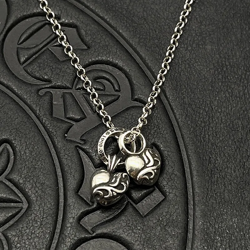 

S925 sterling silver trendy jewelry retro and old double peach heart vine necklace personalized cross
