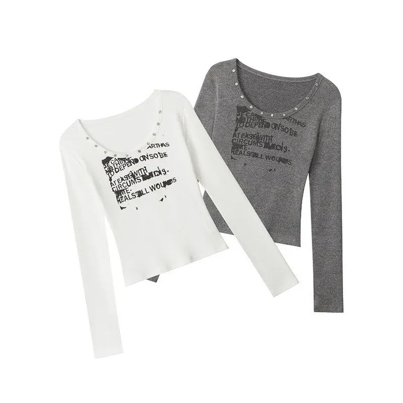 스파이시 걸 오르트 스웨트 티셔츠 여성용 긴 소매 브이넥 프린트 베이스 레이어 탑 헤이헨리2025 가을 컬렉션 슬림 핏 린넨...
