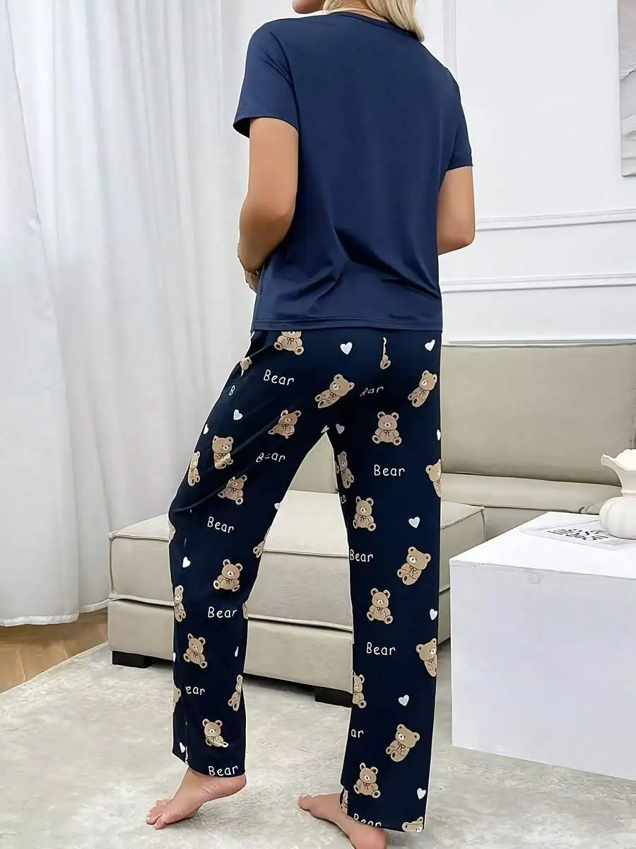 

Blue Short Sleeve Pajama Set With Bear Print For Women
