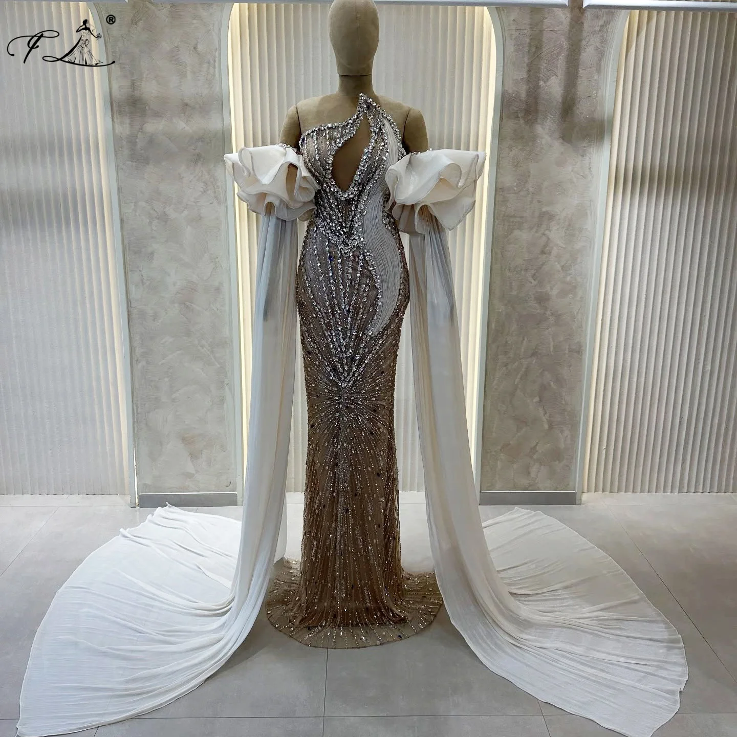 

Вечернее платье с многослойными рукавами и шлейфом, расшитое стразами и пайетками, дизайнерское платье с вырезами, для вечеринок, коктейлей и выпускных вечеров