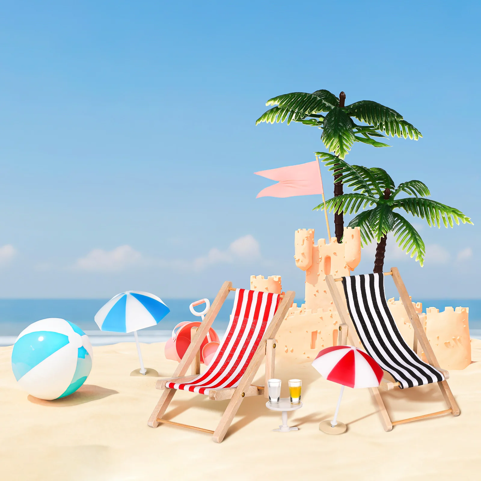 Beach Micro Landscape Miniature Set Mini Palm Trees Parasols Deckchairs Beverages Round Coffee Table Ornament for House