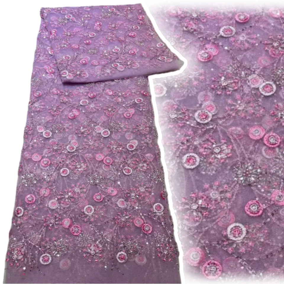 

Высококачественная кружевная ткань 2025 года для африканского 5 ярдов, свадебная кружевная ткань с бисером и блестками, ткань для шитья вечеринок TP1740
