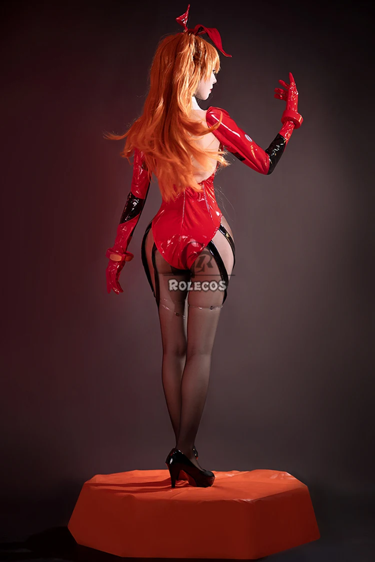 ROLECOS-traje de Anime para mujer y niña, traje de Anime de Asuka, Langley Soryu, traje de Cosplay Sexy rojo, mono de conejito para Halloween