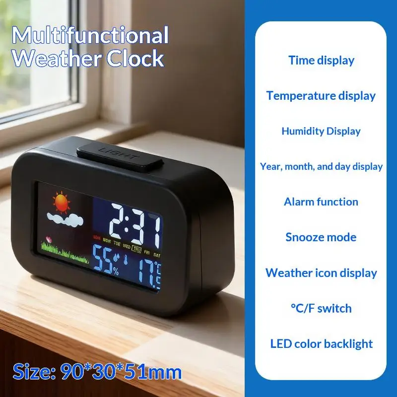 Intelligent Weather Station Clock With Color Display - Temp & Humidity Monitor Backlit For Kids & Teens Bedroom/Dorm Desk-New